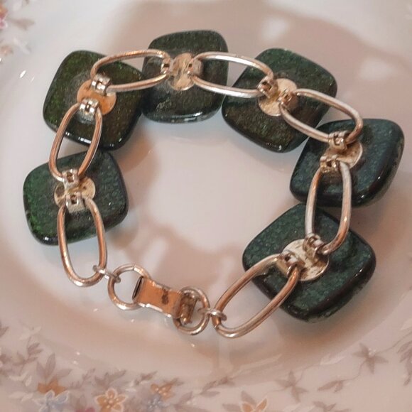 Rare VINTAGE ARTISAN Green GLASS BEADS SILVER BRACELET Stunning Chunky! - Picture 3 of 6